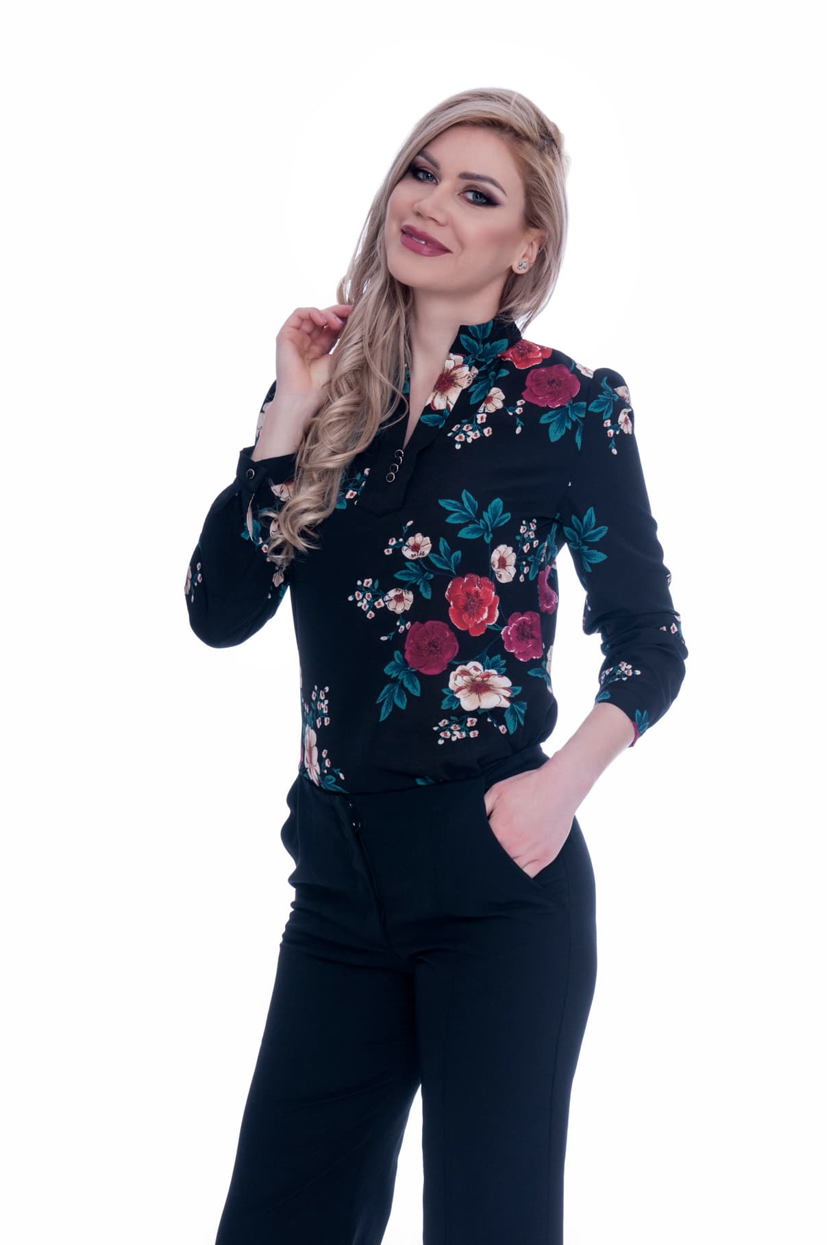 Camasa dama eleganta neagra cu flori