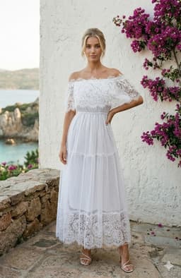 Rochie alba midi dantela cu umerii goi 1