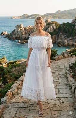 Rochie alba midi dantela cu umerii goi 2