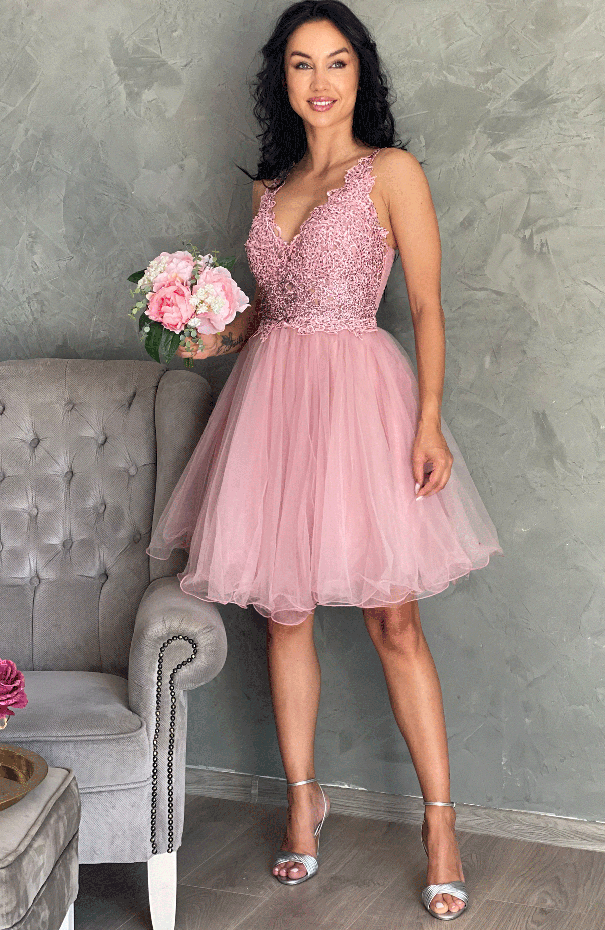 Rochie baby doll cu dantela si aplicatii pietre