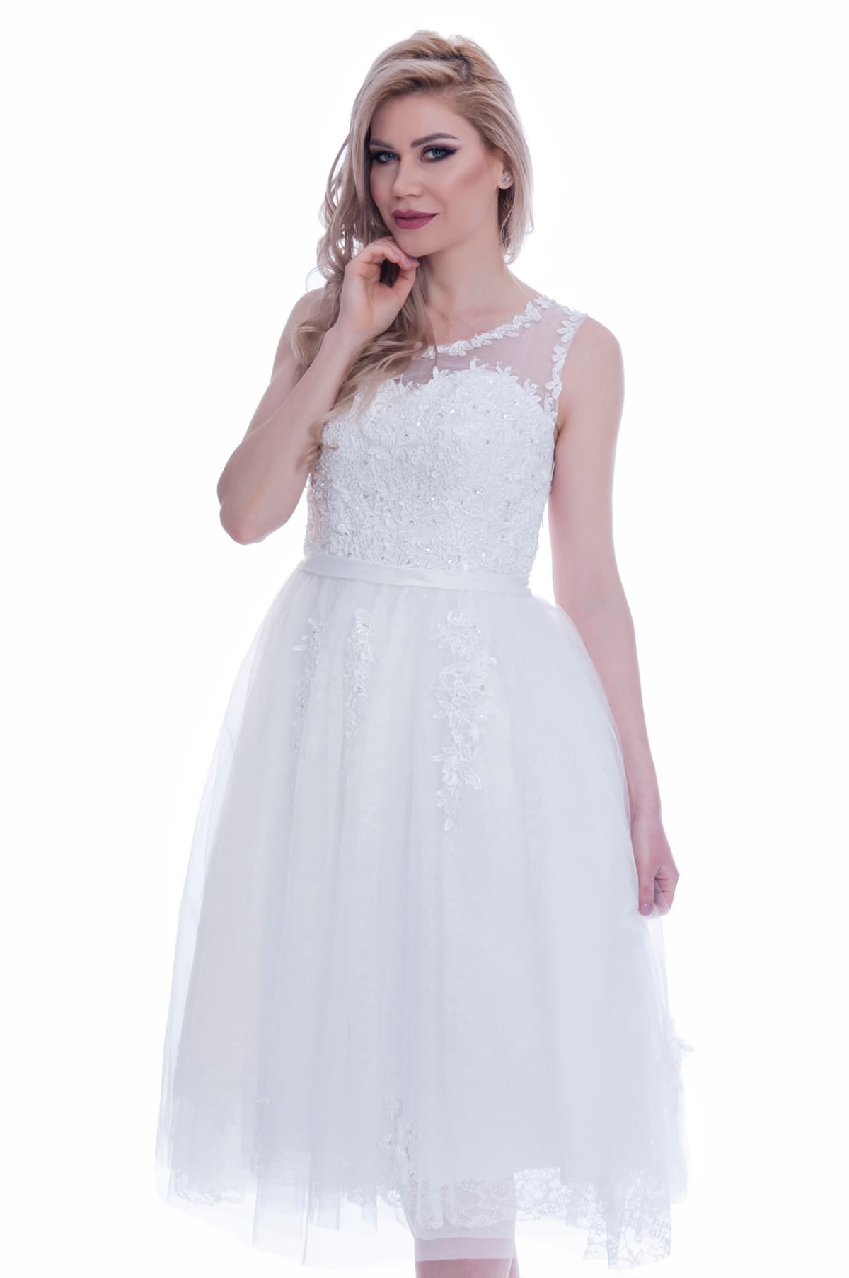 Rochie cununia civila alba cu broderie dantela