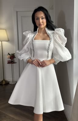 Rochie cununie alba midi cu maneci bufante 2
