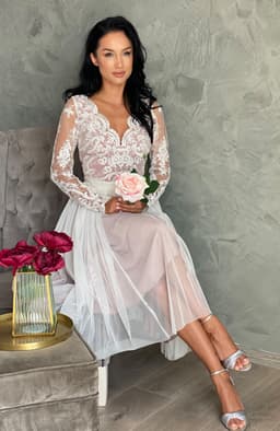 Rochie cununie civila alba midi cu dantela si tul 6