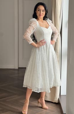 Rochie cununie civila alba midi cu sclipici 3