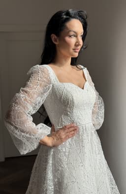 Rochie cununie civila alba midi cu sclipici si paiete 3