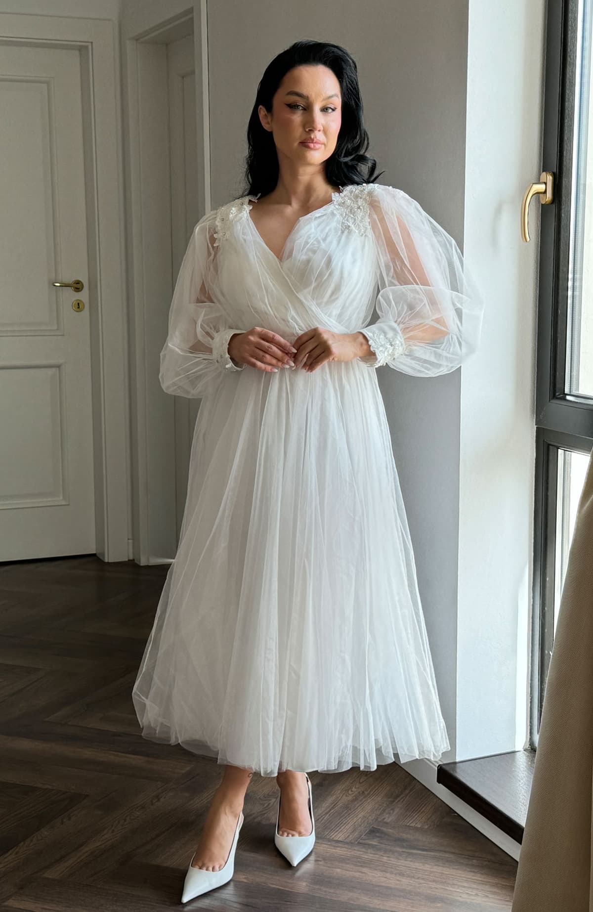 Rochie de cununie alba din tull midi