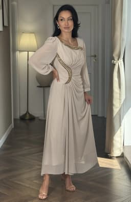 Rochie de ocazie bej din voal cu aplicatii 5