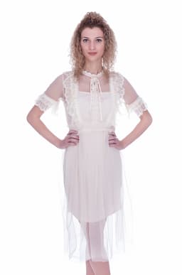 Rochie de ocazie crem cu maneca scurta si camee 2