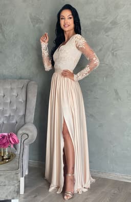 Rochie de ocazie cu dantela lunga crem 3