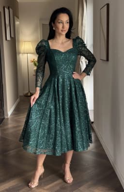 Rochie de ocazie din dantela verde cu sclipici midi 4