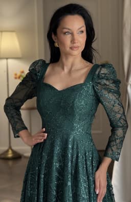 Rochie de ocazie din dantela verde cu sclipici midi 3