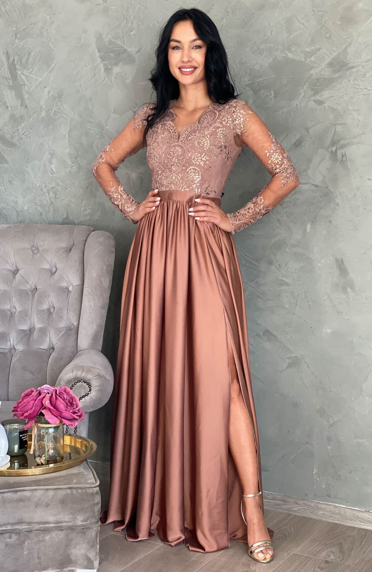 Rochie de ocazie lunga din dantela si voal