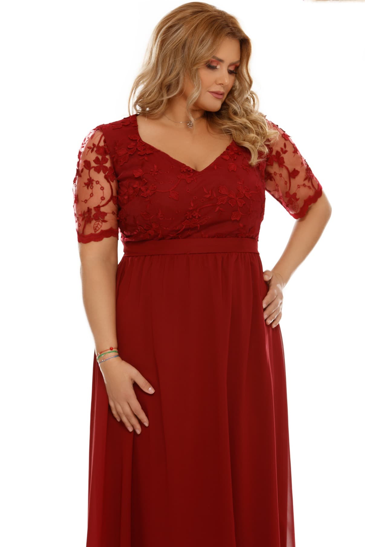 Rochie de ocazie lunga xxl Deborah rosie cu dantela