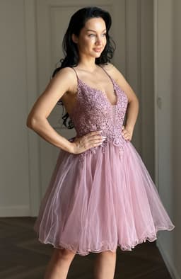 Rochie de ocazie midi roz cu tull 5