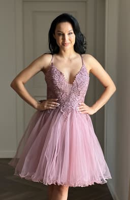 Rochie de ocazie midi roz cu tull 3