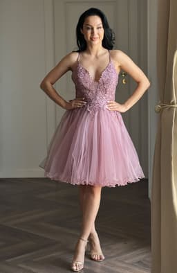 Rochie de ocazie midi roz cu tull 2