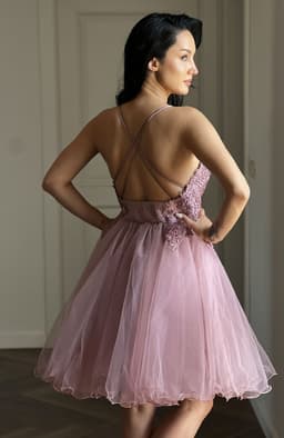 Rochie de ocazie midi roz cu tull 6