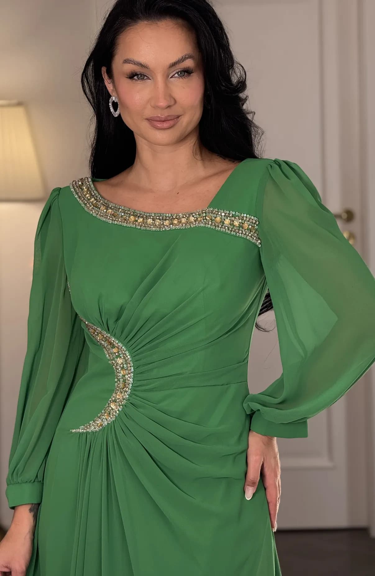 Rochie de ocazie verde lunga din voal