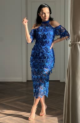 Rochie din paiete midi cu umerii goi bleu 1