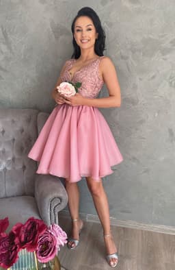 Rochie eleganta de ocazie roz din dantela si voal 2