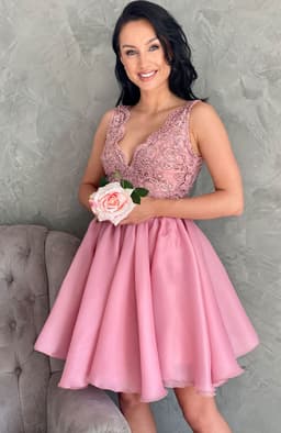 Rochie eleganta de ocazie roz din dantela si voal 5