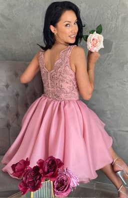 Rochie eleganta de ocazie roz din dantela si voal 4