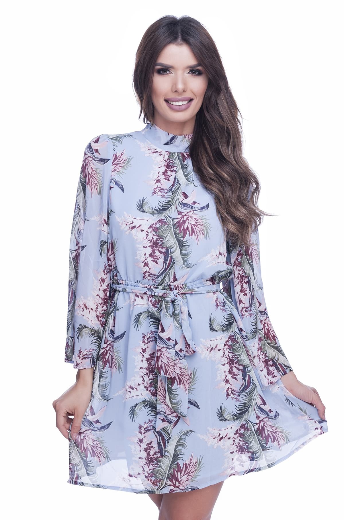 Rochie eleganta de zi albastra cu imprimeu floral