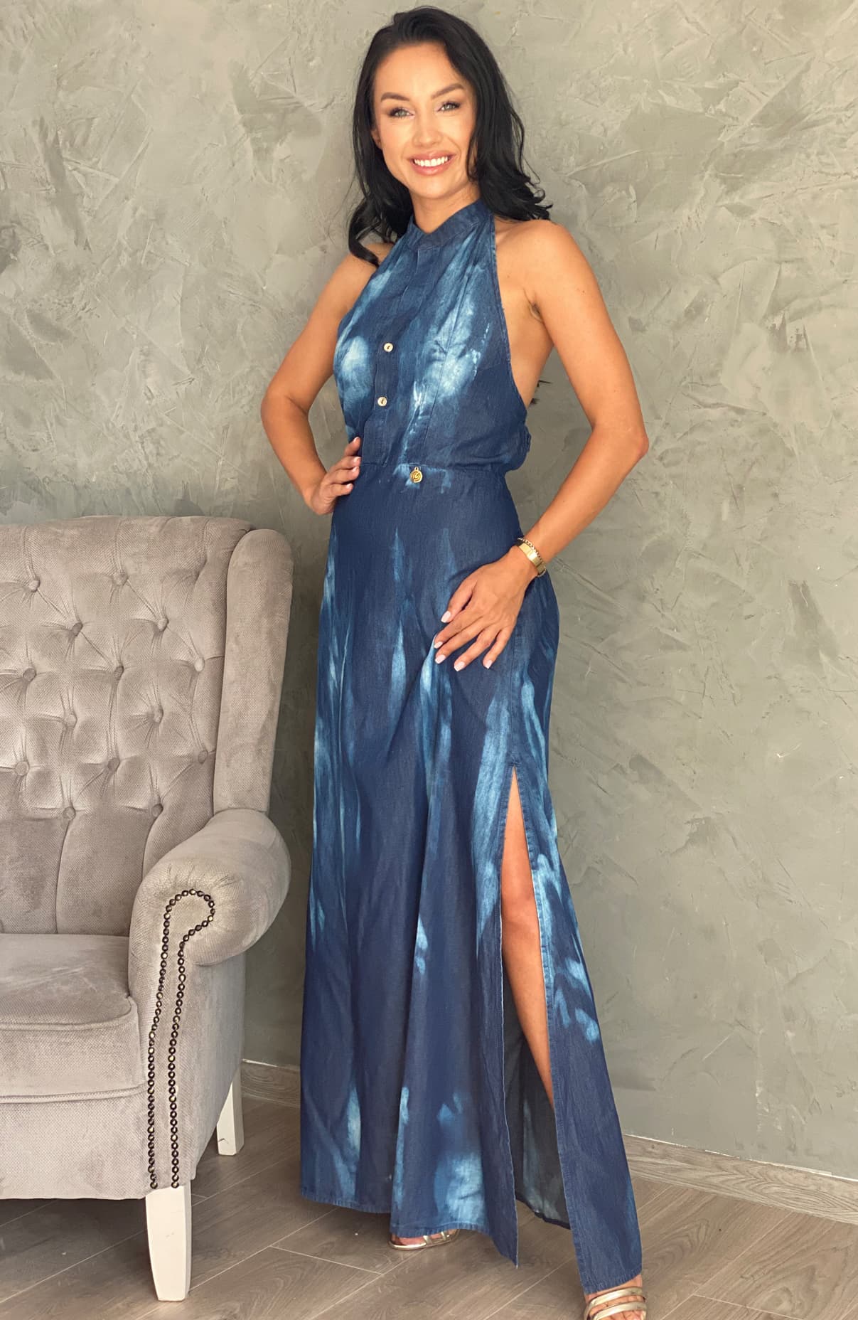 Rochie lunga din denim cu spatele gol