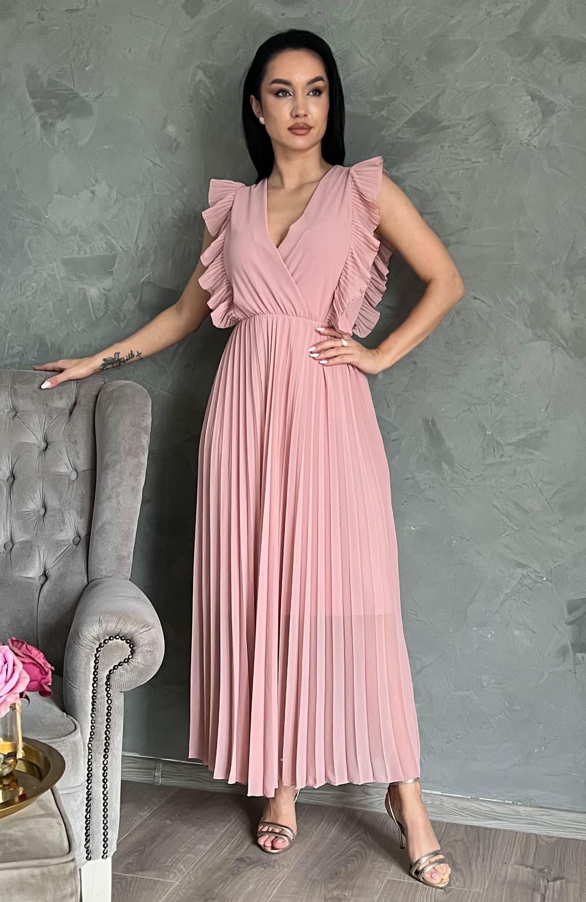 Rochie roz lunga plisata