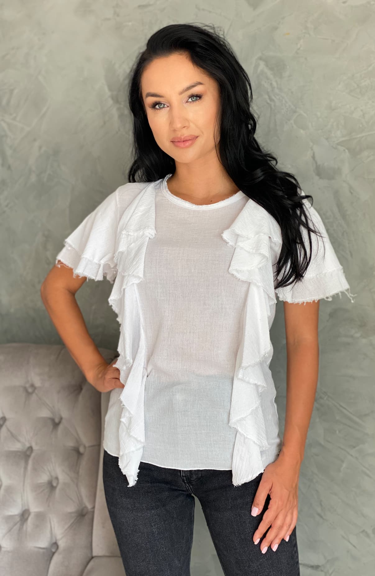 Bluza alba dama din bumbac cu volane