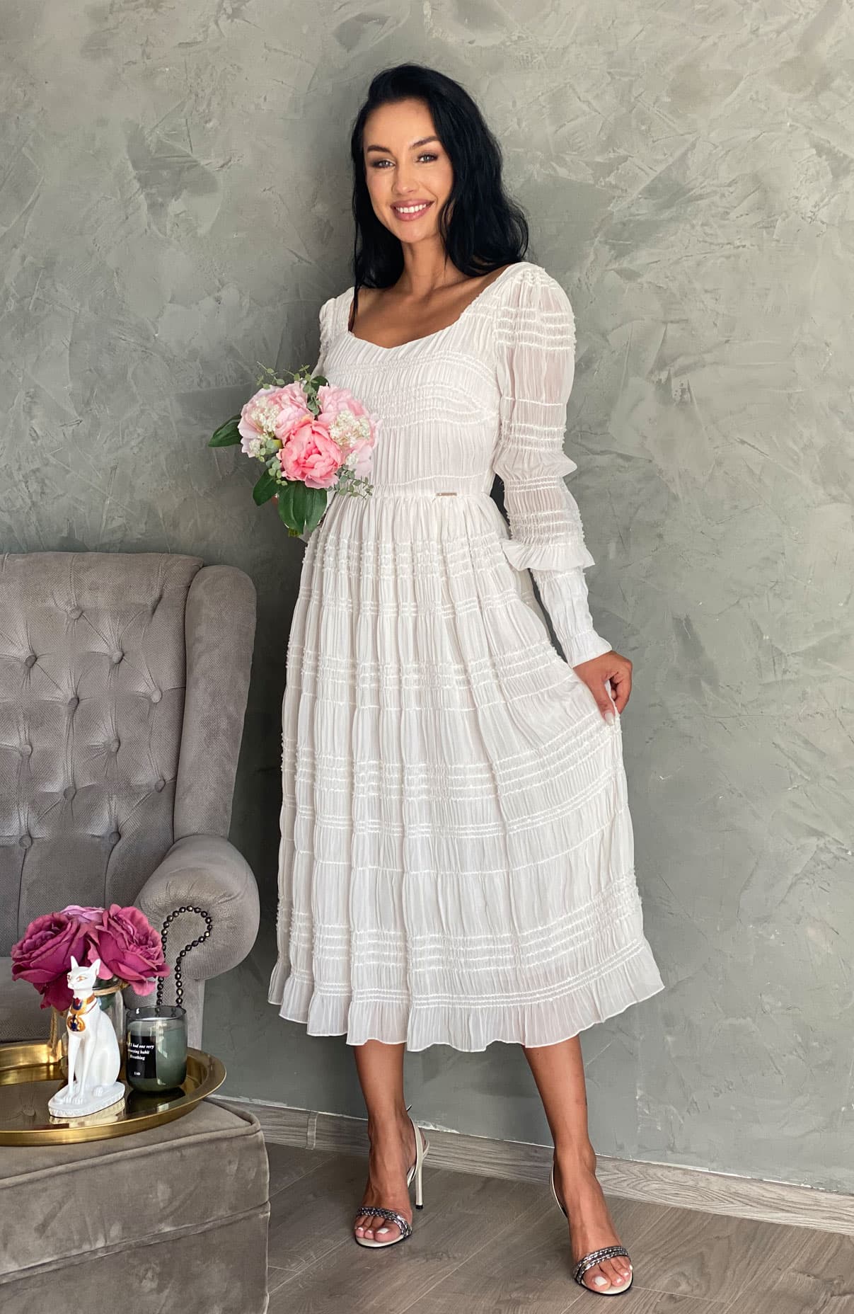 Rochie cununie civila alba cu mansete