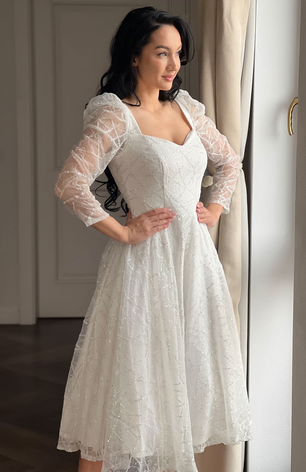 Rochie cununie civila alba midi cu sclipici