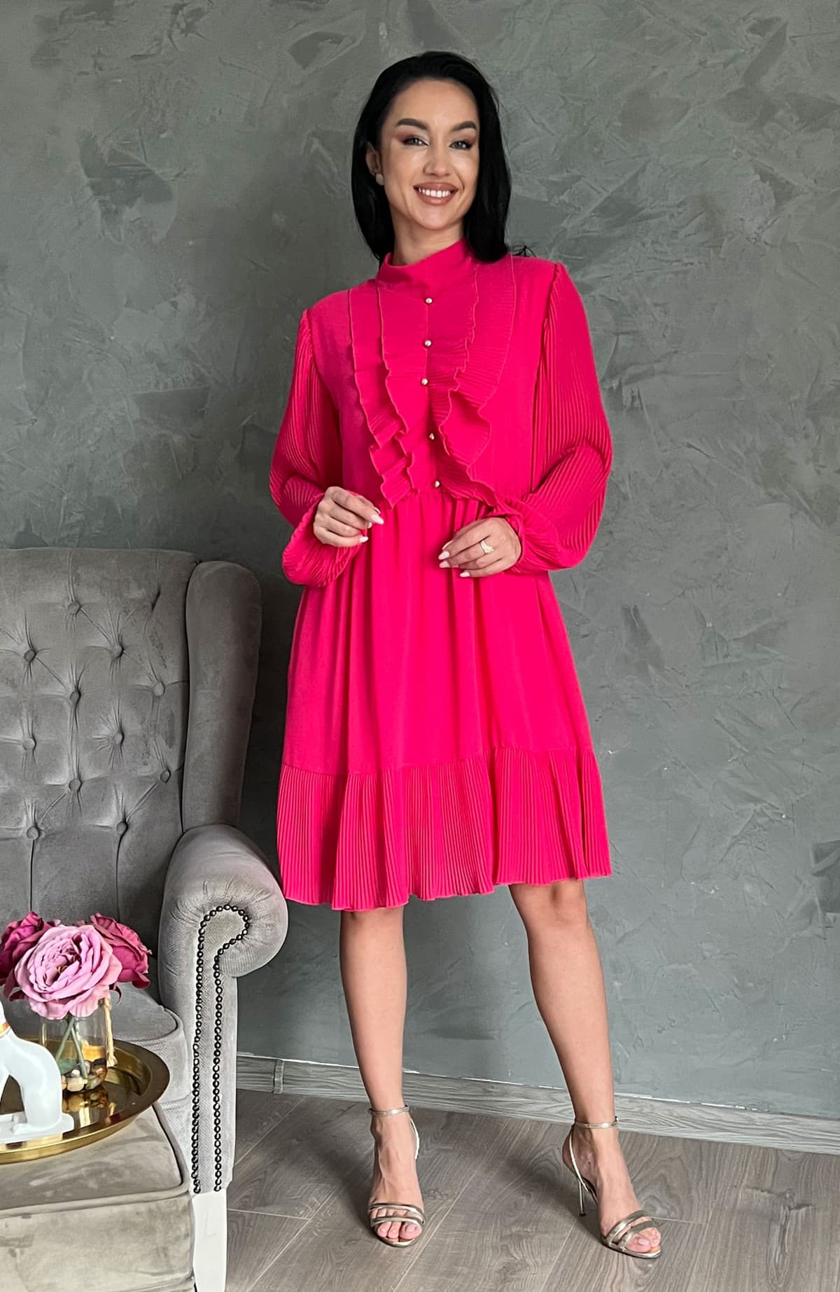 Rochie plisata midi fucsia